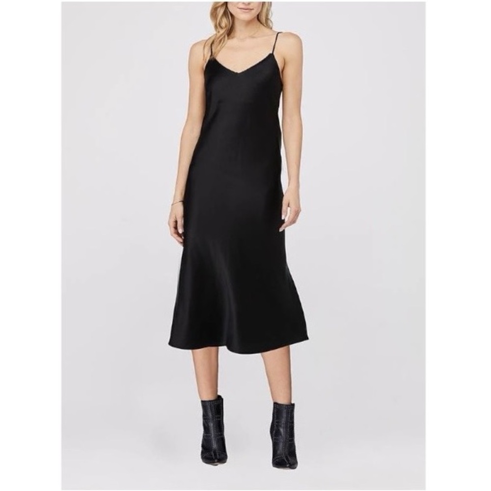 David Lerner New York Black Satin Chain Detail Midi Bias Slip Dress